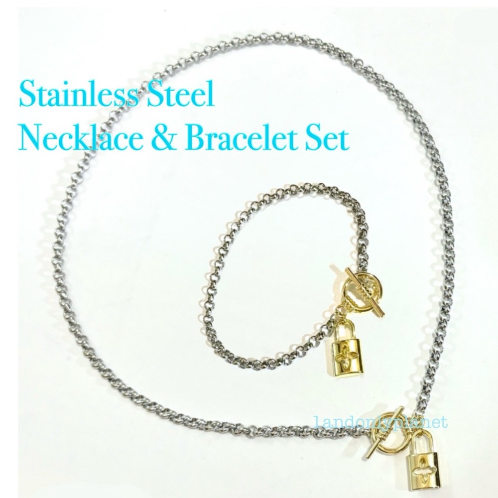 Last Set❣️Gold Lock Charm Necklace & Bracelet Stainless Steel ChainOR 915 Silver - Picture 2 of 7